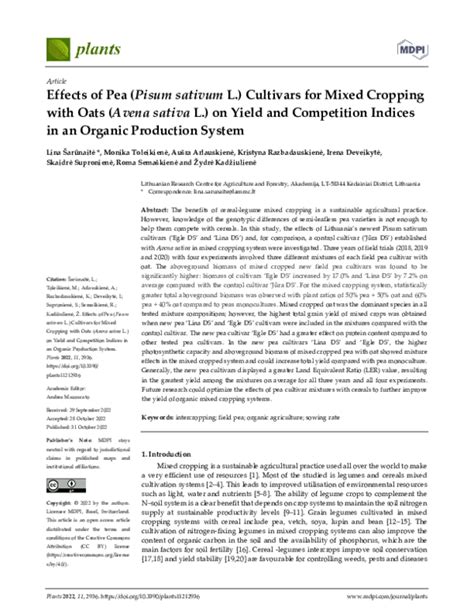 (PDF) Effects of Pea (Pisum sativum L.) Cultivars for Mixed Cropping with Oats (Avena sativa L ...