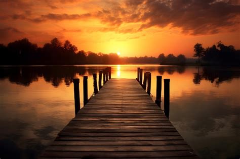 Premium AI Image | Wooden pier on the lake at sunset Beautiful nature ...