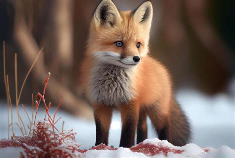 cute baby fluffy fox in snow winter. Illustration 22011670 Stock Photo ...