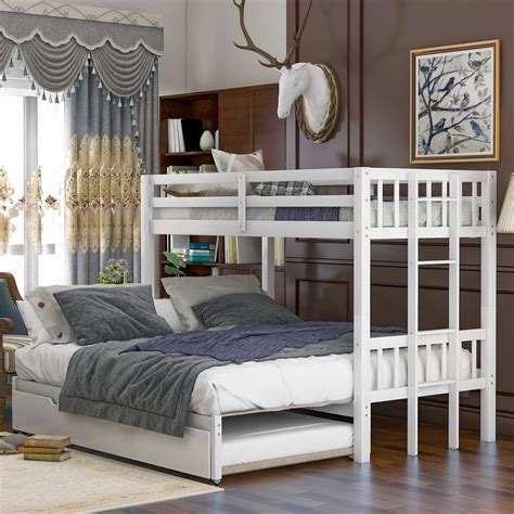 Twin Over Pull-out Bunk Bed with Trundle, Triple Bunk Bed, Kid's Convertible Twin Bed with ...