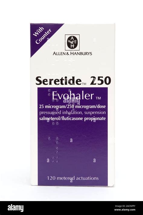 Seretide inhaler in its packaging, an inhaler used to treat asthma and ...