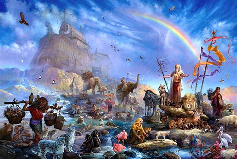 HD wallpaper: Noah's Ark painting, animals, people, rainbow, art, salvation | Wallpaper Flare