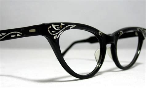 Vintage Cat Eye Glasses Frames. Black and Silver with Etched