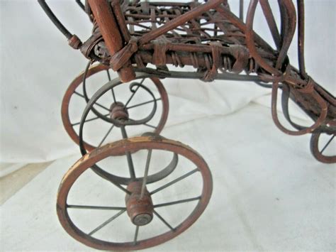 ANTIQUE PRAM-VINTAGE BABY DOLL CARRIAGE-STROLLER-METAL & WICKER WOOD WHEELS - Baby Carriages ...