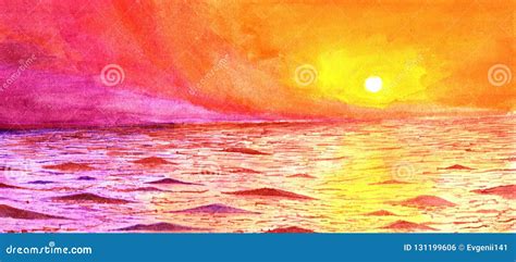 Sunset at the Ocean in Watercolor. Stock Illustration - Illustration of ...