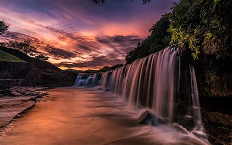 Download wallpapers Black waterfall, evening, sunset, Japan, beautiful waterfall, lake, cascade ...