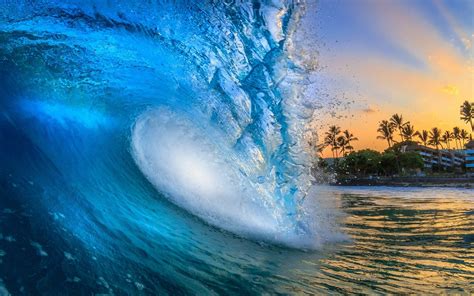 nature, Landscape, Sunrise, Waves, Beach, Hawaii, Building, Palm Trees, Sea, Blue, Water, Sun ...