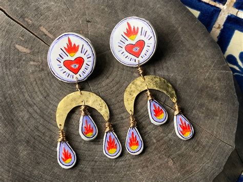 Mexican Pottery Earrings Sacred Heart Mexican Pottery and - Etsy | Clay jewelry diy, Ceramic ...