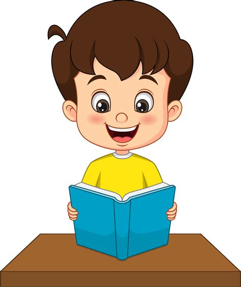 Cartoon little boy reading a book on the desk 13041639 Vector Art at Vecteezy