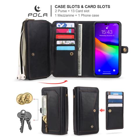 POLA iPhone 14 Pro Max Detachable Magnetic Zipper Leather Tri-fold Wallet Case with 14 Card ...