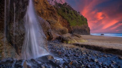 Oregon Pacific Ocean With Rock Stone And Waterfalls During Sunset HD Nature Wallpapers | HD ...