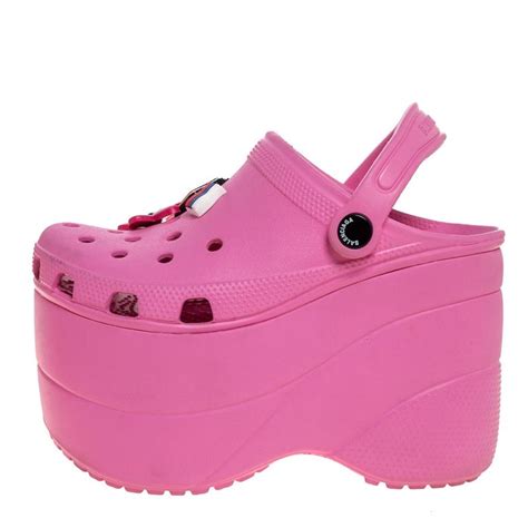 Balenciaga Pink Rubber Crocs Embellished Platform Slingback Sandals ...