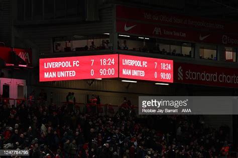 The LED Scorebaord showing the scoreline of Liverpool 7-0 Manchester ...