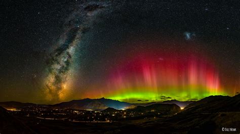 9 image panorama of the Milky Way Core and Aurora Australis over Queenstown, New Zealand. Taken ...