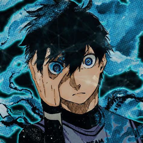 an anime character with blue eyes holding his hand to his face