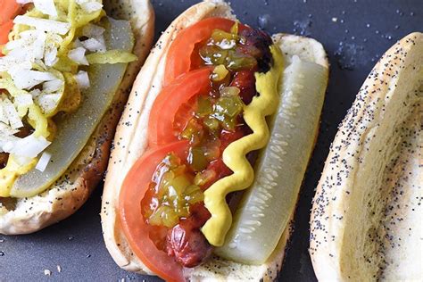 How to build a Chicago Hot Dog… Add pickle relish and mustard to the dog. | Chicago hot dog, Hot ...