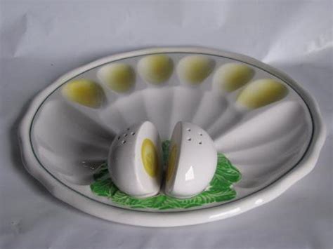 vintage Japan ceramic deviled egg plate, eggs S&P shakers