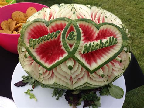 Bride & Grooms' names in a Watermelon Carving. Super festive! | Fruit carving, Fruit platter ...