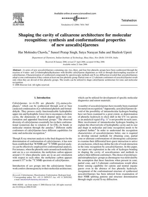 (PDF) Shaping the cavity of calixarene architecture for molecular recognition: synthesis and ...