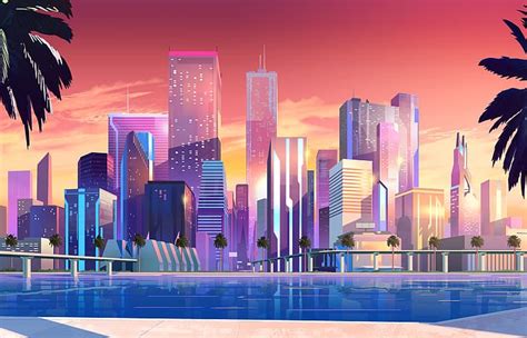 HD wallpaper: Moonbeam City, drawing, digital art, Miami, skyline, VHS, Retro style | Wallpaper ...