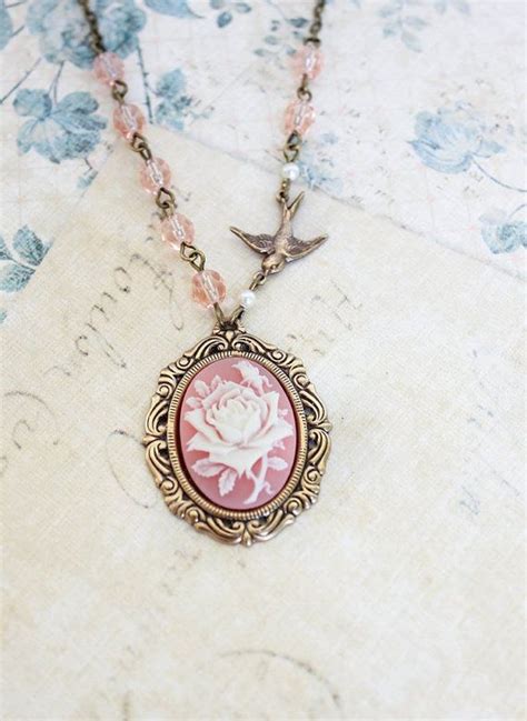 Pink Cameo Necklace Ivory and Pink Rose Pendant Rose Necklace Bird Charm Pink Glass Beaded Chain ...