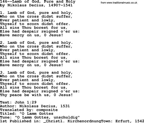 Lutheran Hymns, Song:146--Lamb of God, Pure and Holy - lyrics and PDF