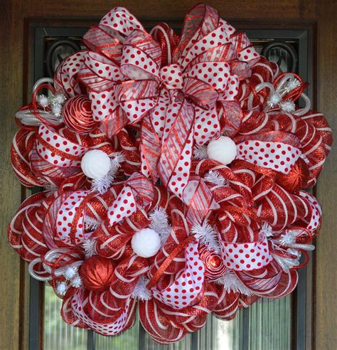 Red and White Christmas Deco Mesh Wreath