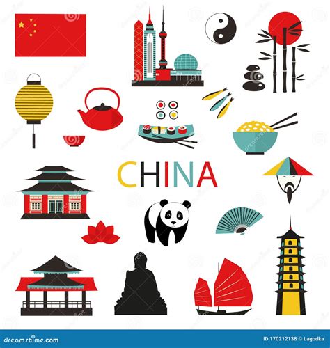 China Travel Asian Traditional Culture Symbols Set Isolated on White. Stock Vector ...