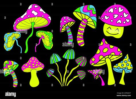 Psychedelic neon mushrooms set. Collection of colored acid rainbow mushroom hippy style. vector ...