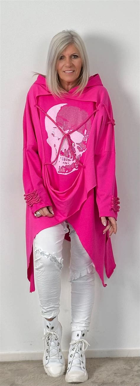 Asymmetrical cut hoodie "Skull" - pink – Stil-Echt-Online