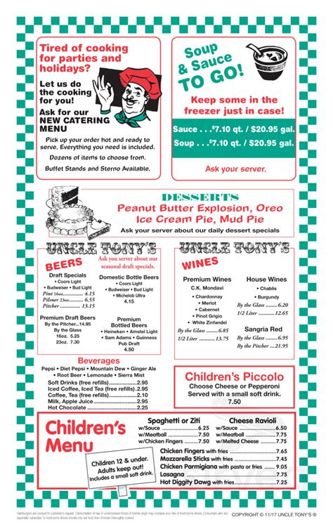 Uncle Tony's Pizza & Pasta menu in Johnston, Rhode Island, USA