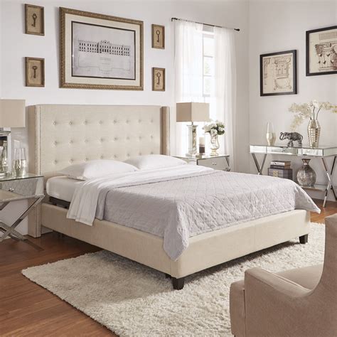 Weston Home Curtis I Upholstered Queen Bed with Wingback Nailhead Headboard, Beige - Walmart.com