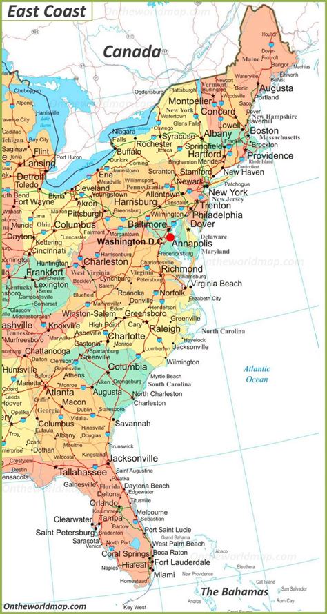 Map of East Coast of the United States - Ontheworldmap.com