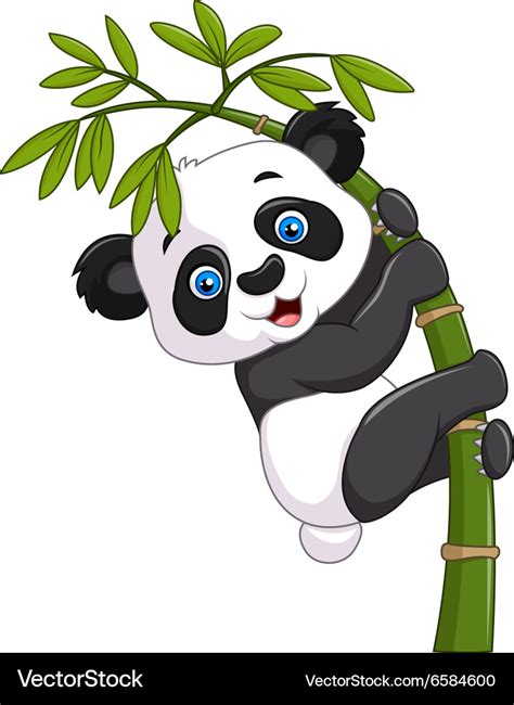 Cute funny baby panda hanging on a bamboo tree Vector Image