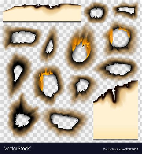 Collection burnt faded holes piece burned paper fire realistic flame isolated vector illustrati ...