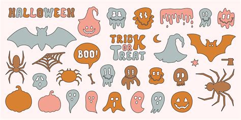 Halloween set cute retro icons isolated on a light background. Funny cartoon icons and symbol ...