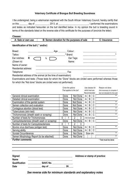 Veterinary Certificate of Brangus Bull Breeding Soundness