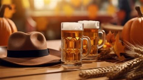 Premium AI Image | Beer mugs on the table decorated for the Oktoberfest Generative AI