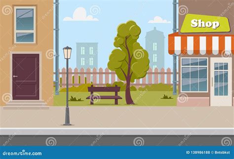 Cute Cartoon Town Street with a Shop, Tree, Bench, Fence, Street Lamp. City Street Background ...