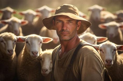 Premium AI Image | male farmer on sheep farm in the daytime with Generative AI