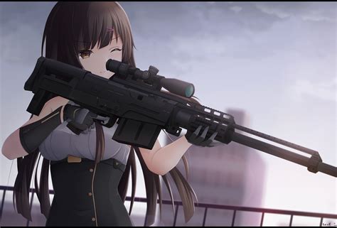 anime girls, dark hair, girls with guns, sniper rifle, weapon, anime, rifles, HD Wallpaper ...