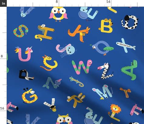 Alphabet Animals Blue - Medium Fabric | Spoonflower