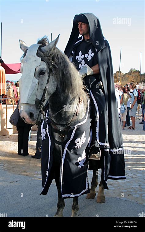 Medieval knight rider and Lusitanian Horse at Historic Parade Stock ...