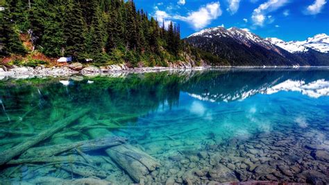 Snow Covered Mountains And Trees Coverd Forest Reflection On Calm Body Of Water Under Blue ...