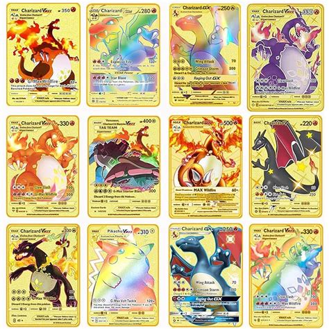 Buy ASVUO 12 Pcs Metal Charizard Cards Vmax GX Series Rainbow Rare Gold Plated Cards for Game ...