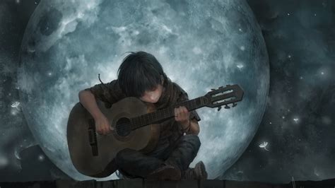 1920x1080 Resolution Little Boy On Full Moon Night Playing Guitar Art ...