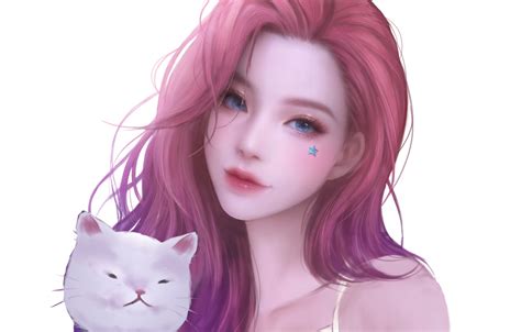 Wallpaper : Seraphine League of Legends, cat girl, pink, fantasy girl, white background, simple ...