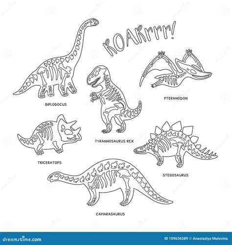 Cute Cartoon Dinosaur Skeletons Silhouettes in Outline. Vector Illustration Stock Vector ...