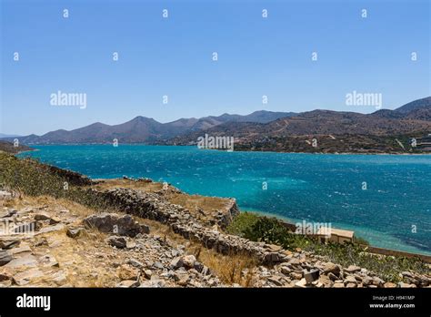 View of the Gulf of Elounda from a fortress on Spinalonga island Stock Photo - Alamy