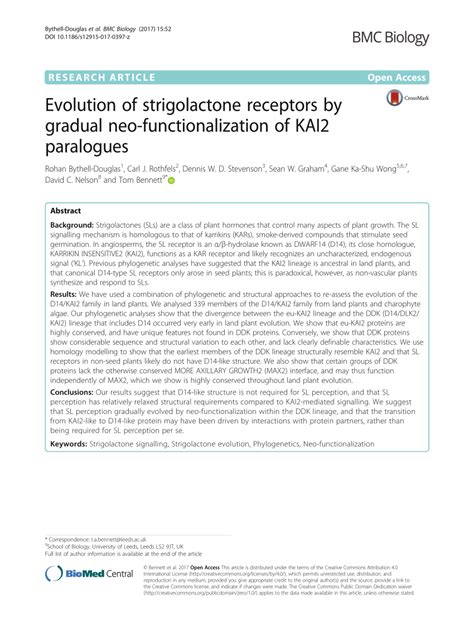 (PDF) Evolution of strigolactone receptors by gradual neofunctionalization of KAI2 paralogues